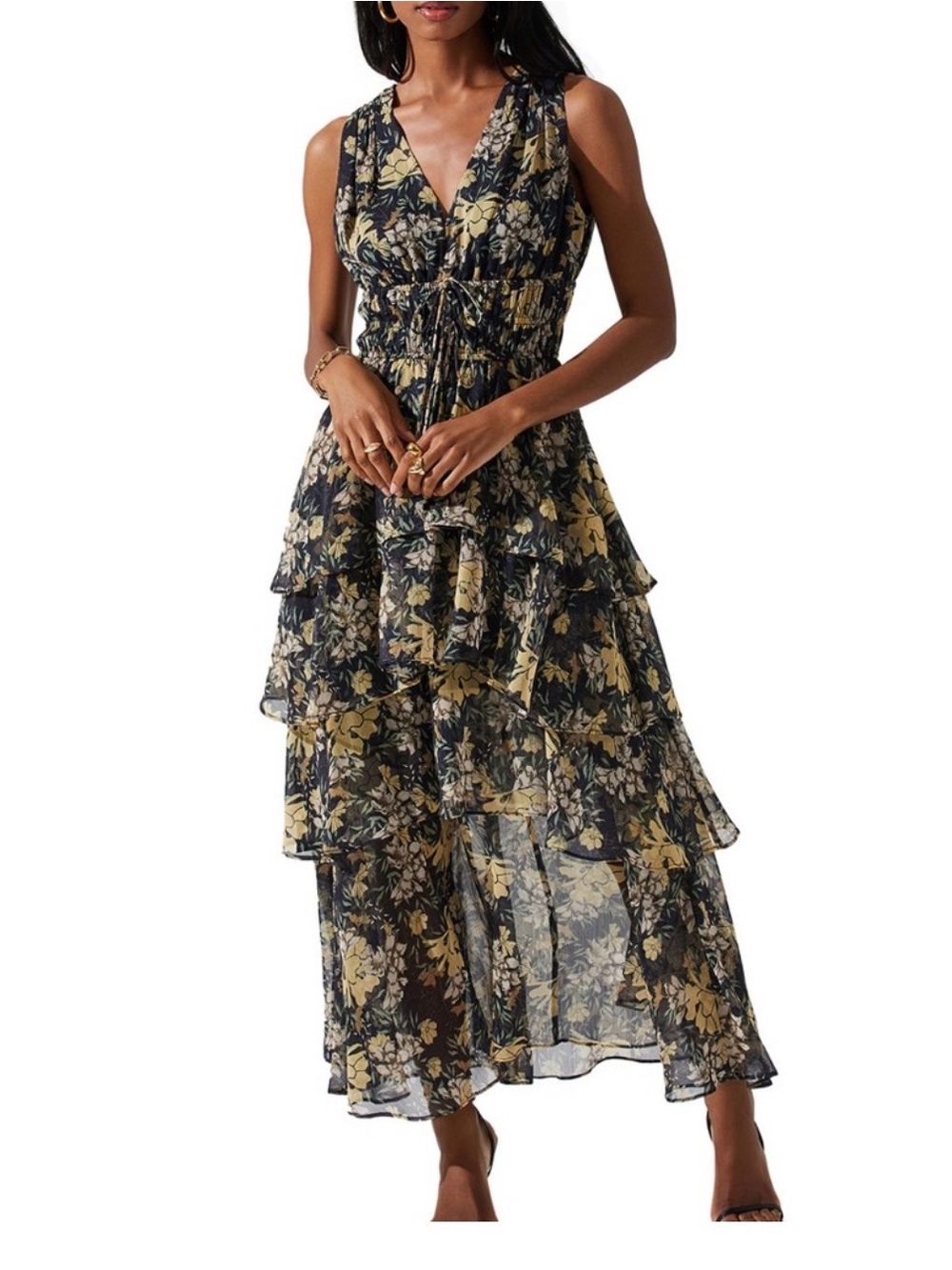 ASTR Navy and Yellow Floral Tiered Maxi Dress